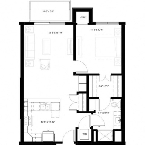 Floor plan for 1 bed, 1 bath, 813 sqft